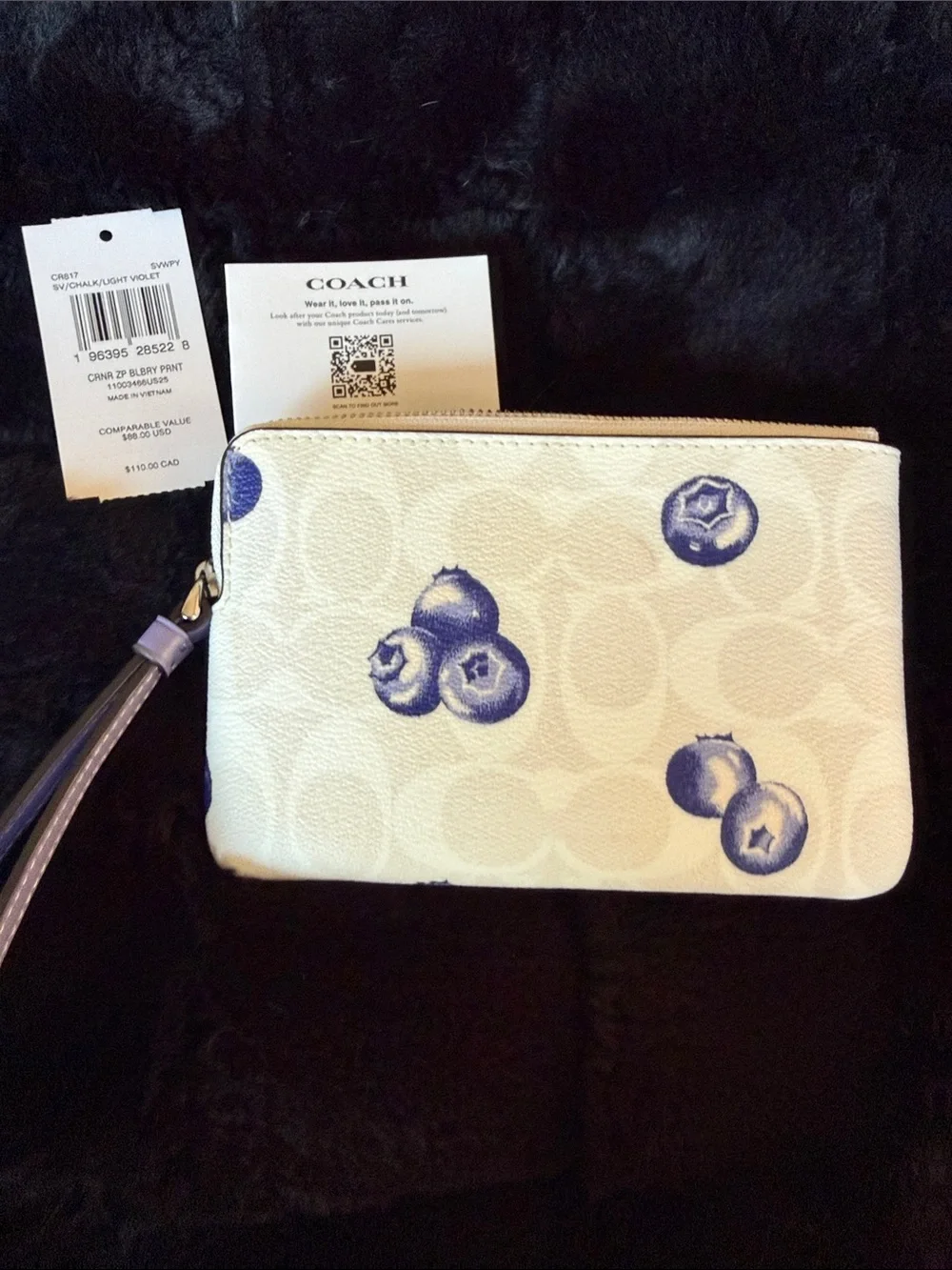 Coach Cream Wristlet with Blueberry Print and Purple Strap